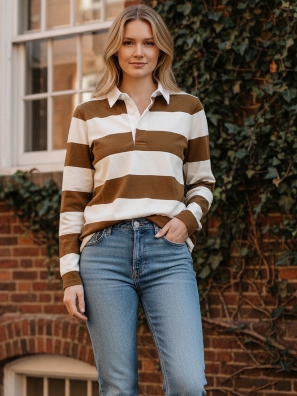 🤎 J.Crew Brown & Ivory Striped Rugby Shirt Small